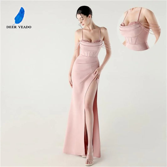 DEERVEADO Women’s Satin Strap Evening Dress — Beaded Sexy Mermaid Slit Long Formal Party Gown