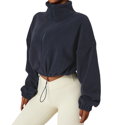 Women's Polar Fleece Zip Hoodie — Athletic Loose-Fit Crop Top with Stand Collar, Thumb Holes & Drawstring Hem for Fall/Winter