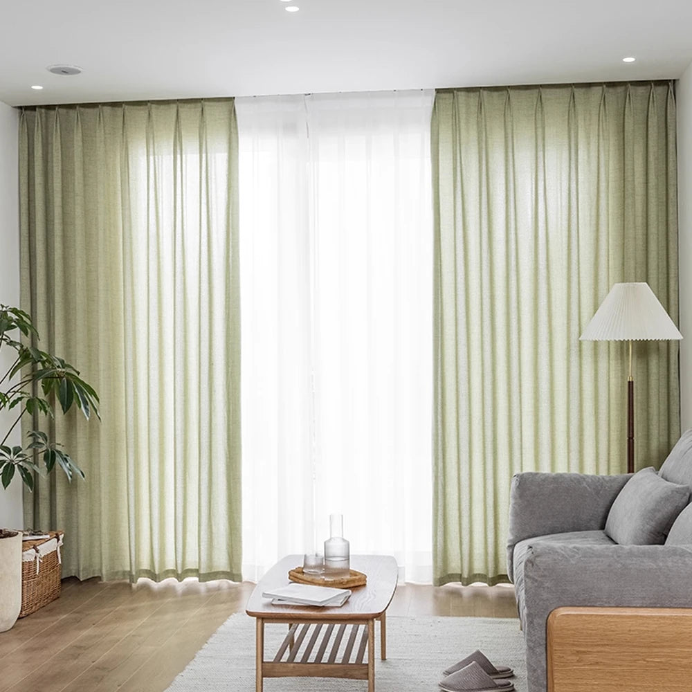 Modern Solid Color Pleated Window Curtain – Texture Floor-Length Yarn Cotton Translucent Curtain for Home