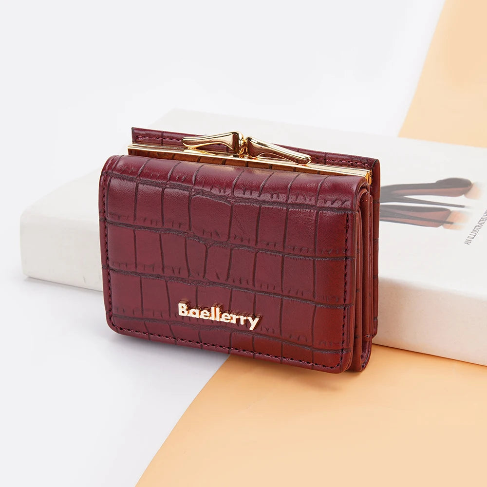 Baellerry Short Women’s Wallet — Crocodile Pattern Coin & Card Holder with Photo Slots, Hasp Purse for Girls