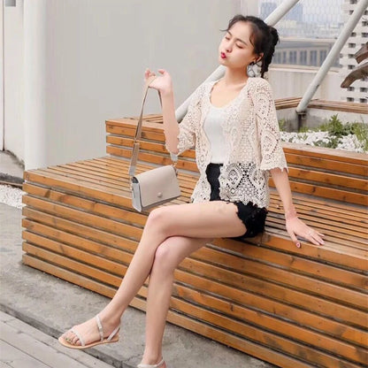 Women’s Knitted Lace Shrug – Boho Hollow Crochet Floral 3/4 Sleeves, Open Front Cropped Cardigan, Elegant Mesh Sweater Cover-Up