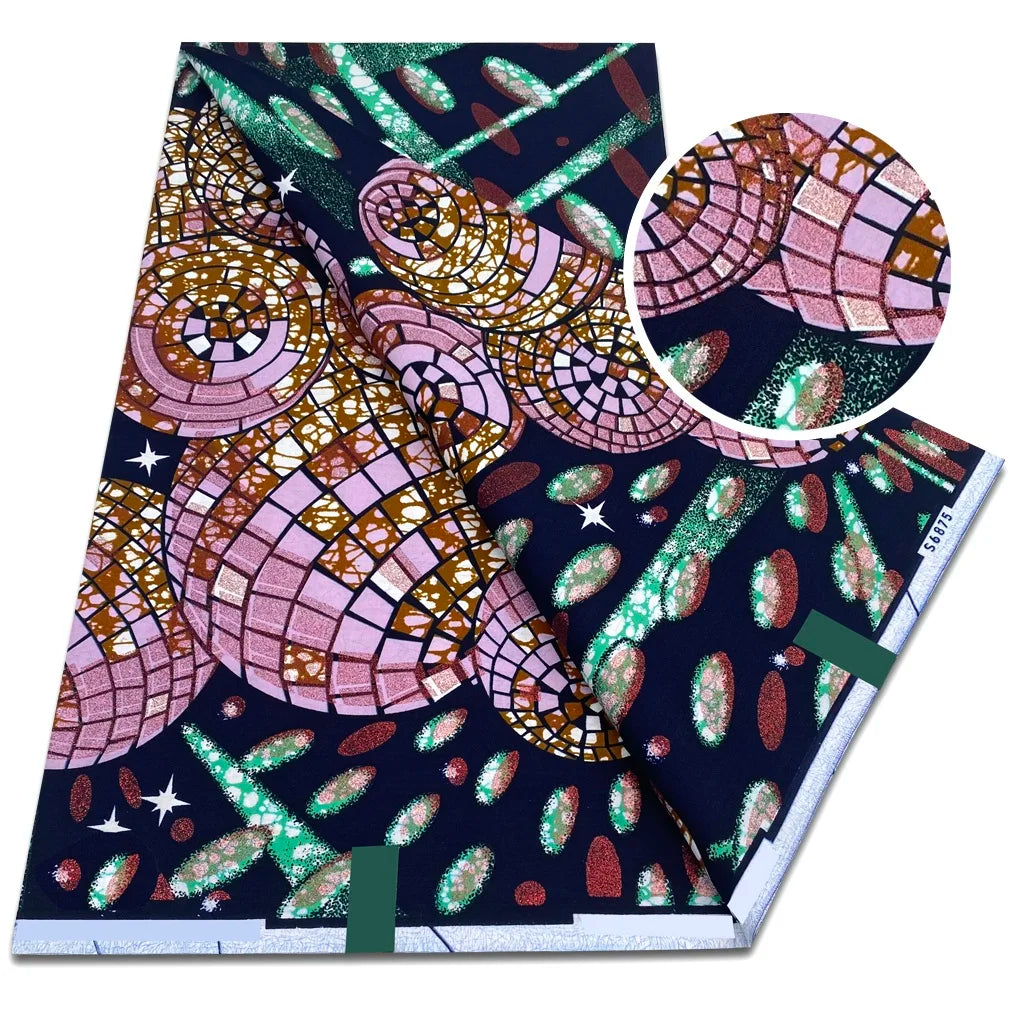 African Golden Glitter Wax Fabric - Soft Ankara Pagne Batik Gold Print Material for Women