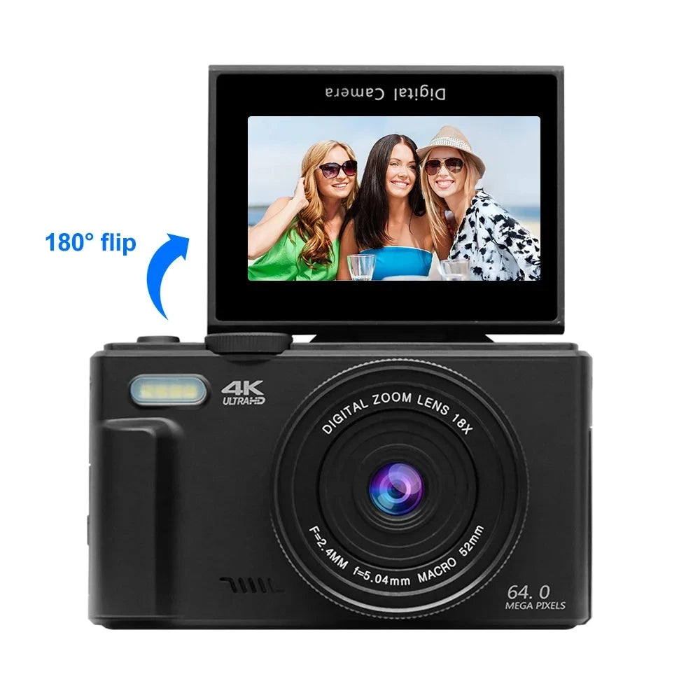 4K Digital Camera – 64MP Compact Photography & Vlogging Camera with 18X Digital Zoom, 3'' 180° Flip Screen & Flash