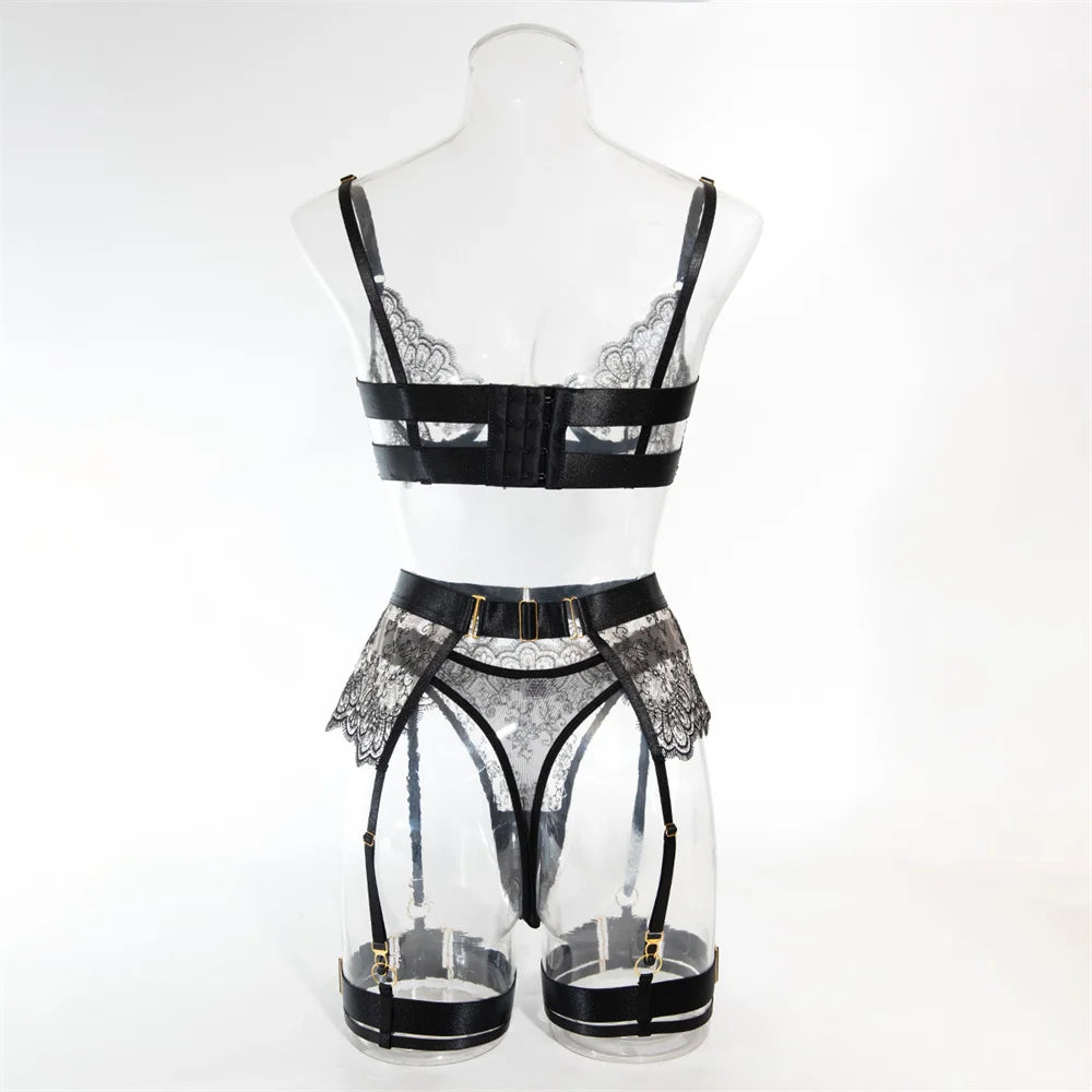 Krasapt Luxury Black Flower Embroidery Lingerie – 4PC Mesh Bra, Thong & Garter Erotic Set