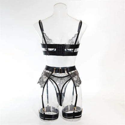 Krasapt Luxury Black Flower Embroidery Lingerie – 4PC Mesh Bra, Thong & Garter Erotic Set