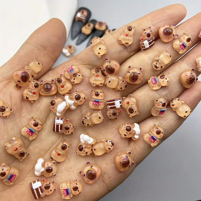 20/40/100/200-Piece Cute Cartoon Animal Nail Charms - 3D Transparent Capybara and Brown Bear Nail Art Decorations for DIY Manicures