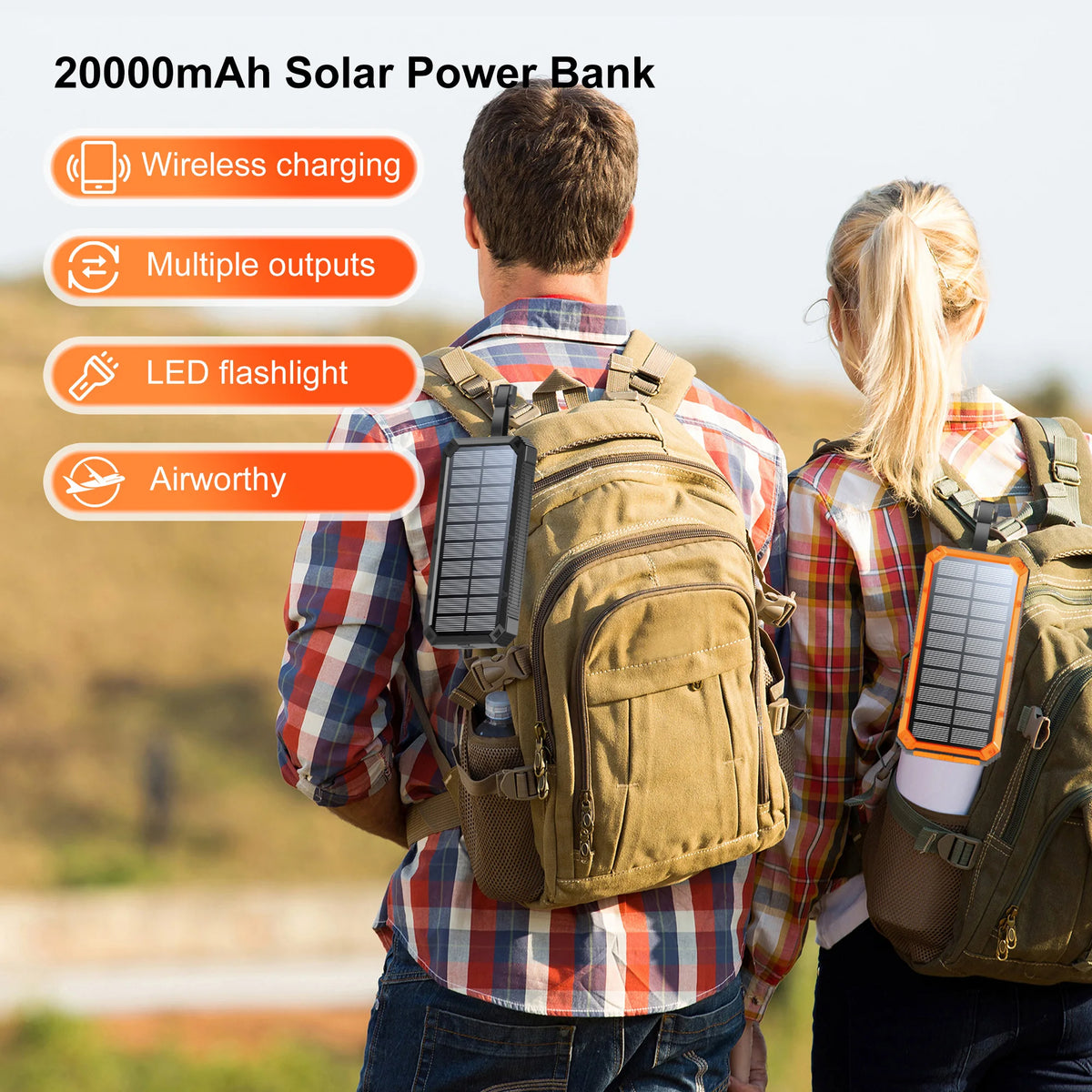 20,000mAh Solar Power Bank - Portable Wireless Charger with USB-C Input/Output & Camping Flashlight