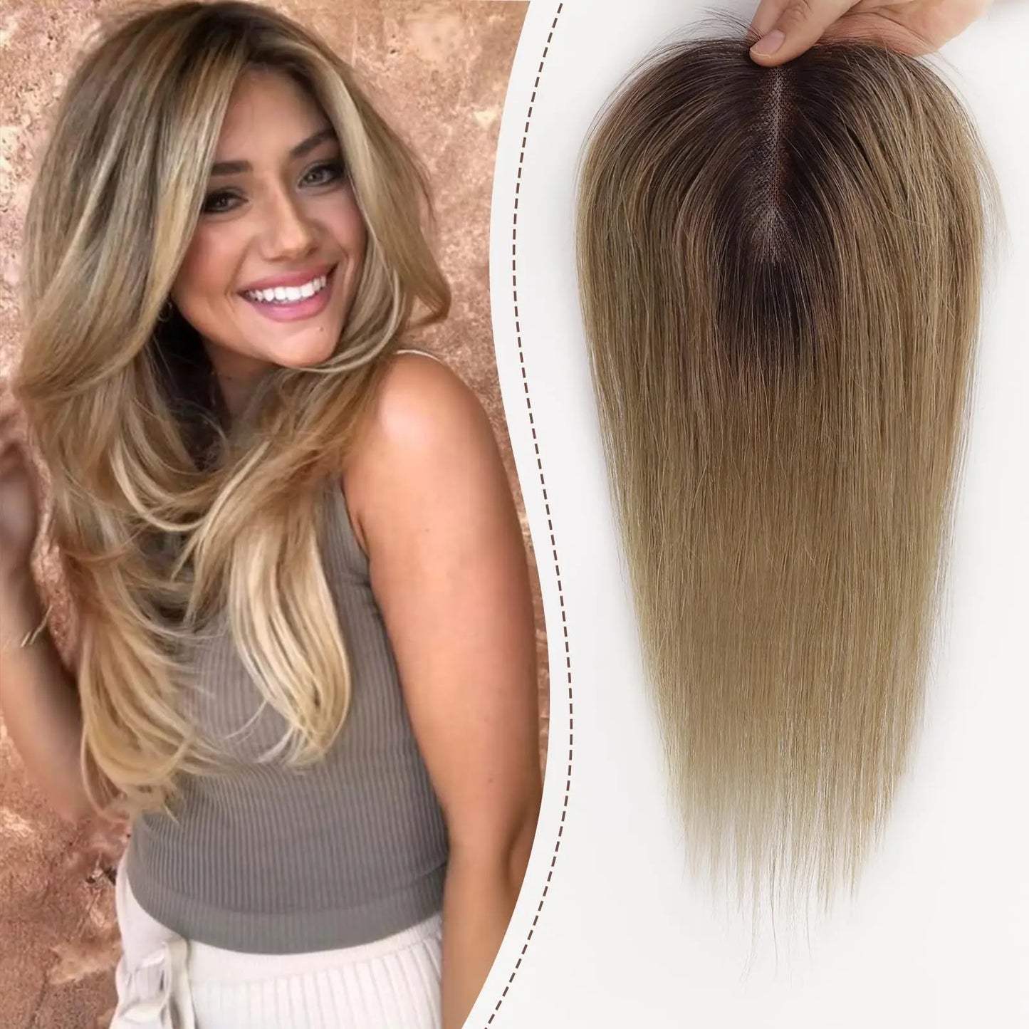 Ombre Blonde Brown 100% Remy Human Hair Topper – Silk Base Clip-In Extension for Women with Hair Loss, 12 Inch