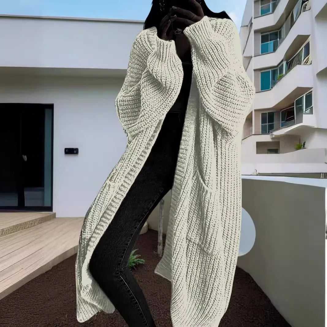 Solid Color Casual Knit Sweater Long Cardigan Coat – Women's Autumn & Winter Lazy Loose Knitwear Coat with Pockets, Y2K Style
