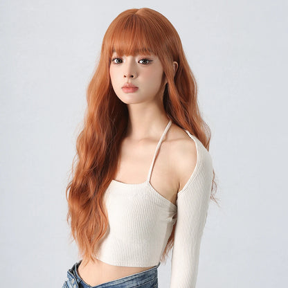 Copper Ginger Red Brown Synthetic Wig – Long Fluffy Wavy Wig with Bangs, Heat-Resistant Cosplay & Daily Wear Hair for Women