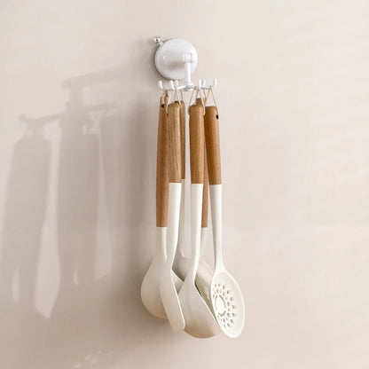 Drill-Free 6-Claw Rotating Suction Cup Kitchen Hook — Rotatable Plastic Wall-Mount Spatula & Cookware Holder