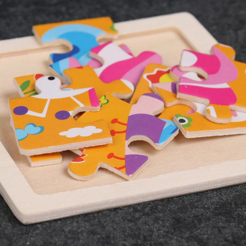 11cm Kids Wooden Jigsaw Puzzle – Cartoon Animal & Vehicle Montessori Educational Toys