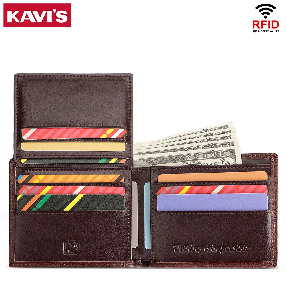 KAVIS Handmade Genuine Leather Men's Wallet RFID Blocking Card Holder with ID Window – Large Capacity Fashion Money & Card Storage Wallet