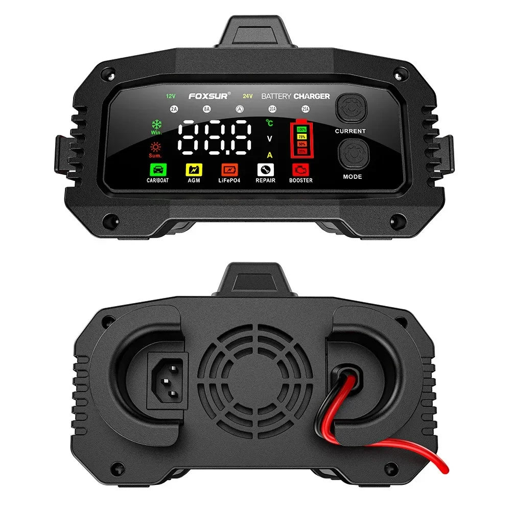 Portable 25A/15A Smart Car Battery Charger — 12V/24V AGM, GEL, LiFePO4 Motorcycle & Car Booster with Pulse Repair