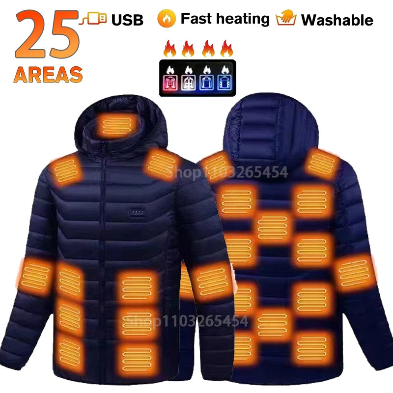 31-Zone Smart USB Heated Jacket for Men & Women – Waterproof Polyester Thermal Coat for Winter, Skiing, and Outdoor Activities