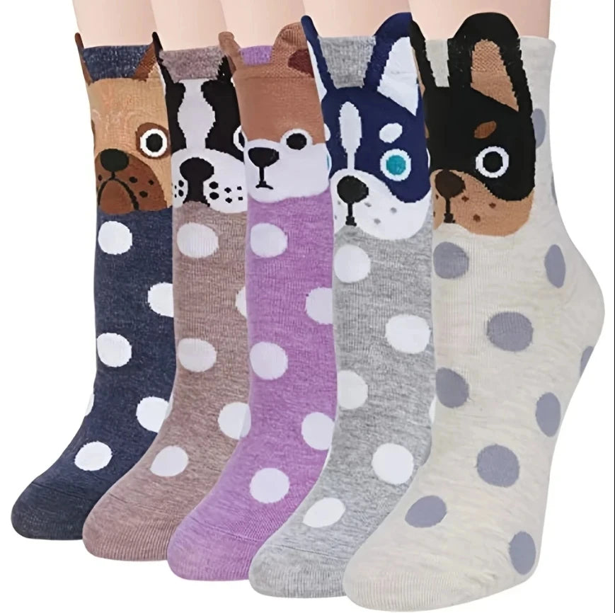 5 Pairs Happy Face Crew Socks – Cartoon Cat Cotton Mid Tube Socks, Breathable Women's Stockings & Hosiery