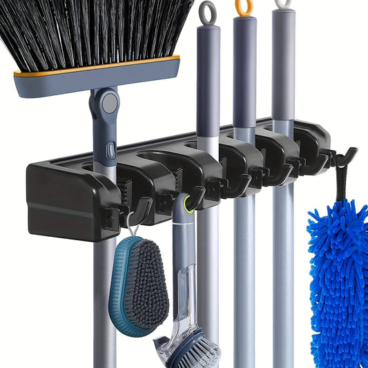 Wall Mounted Mop Holder - 3/4/5 Position Multi-Functional Broom Hanger Shelf for Home Kitchen Storage, Black Magic Plastic Mop Holder