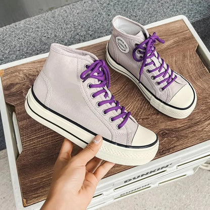 Women’s High-Top Canvas Shoes — Round-Toe, Low-Profile, Breathable Flat Heel Board Shoes for Spring/Summer