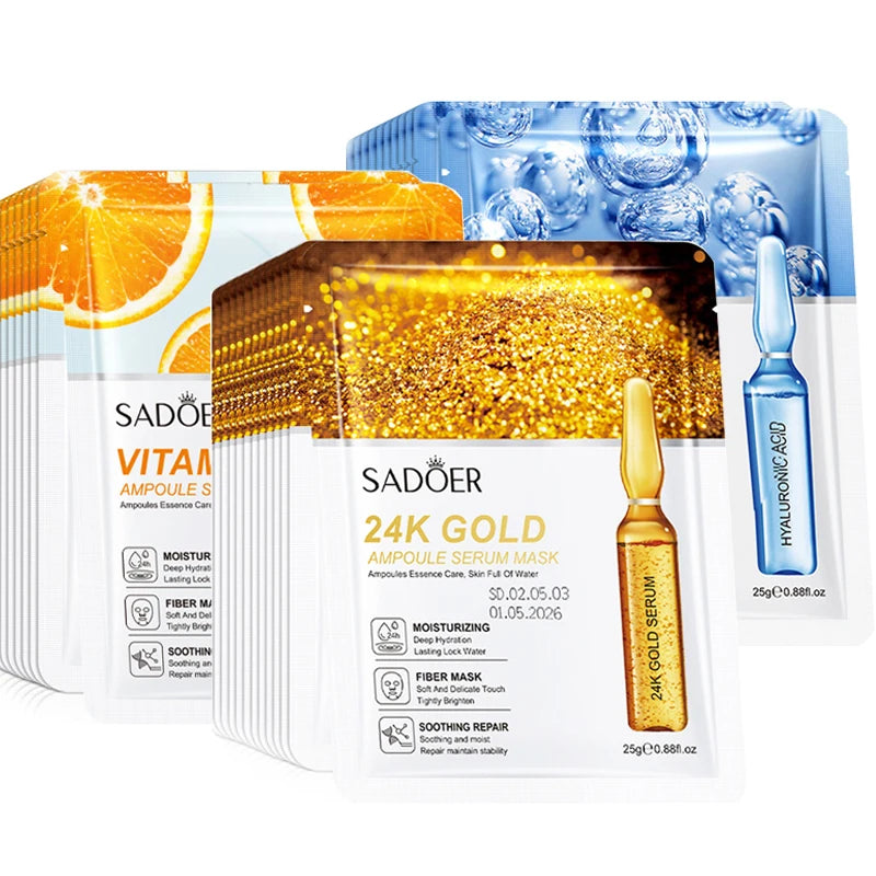 10pcs SADOER 24K Gold Face Masks – Vitamin C & Hyaluronic Acid for Moisturizing, Firming & Hydrating Skin Care