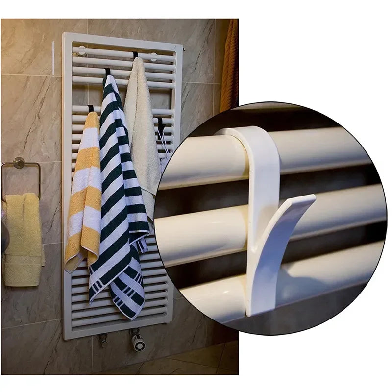 Versatile Kitchen & Bathroom Hanger Clips Storage Rack - White Clear Hanger for Heated Towel Radiator, Clothes, Scarves, Hooks, and More