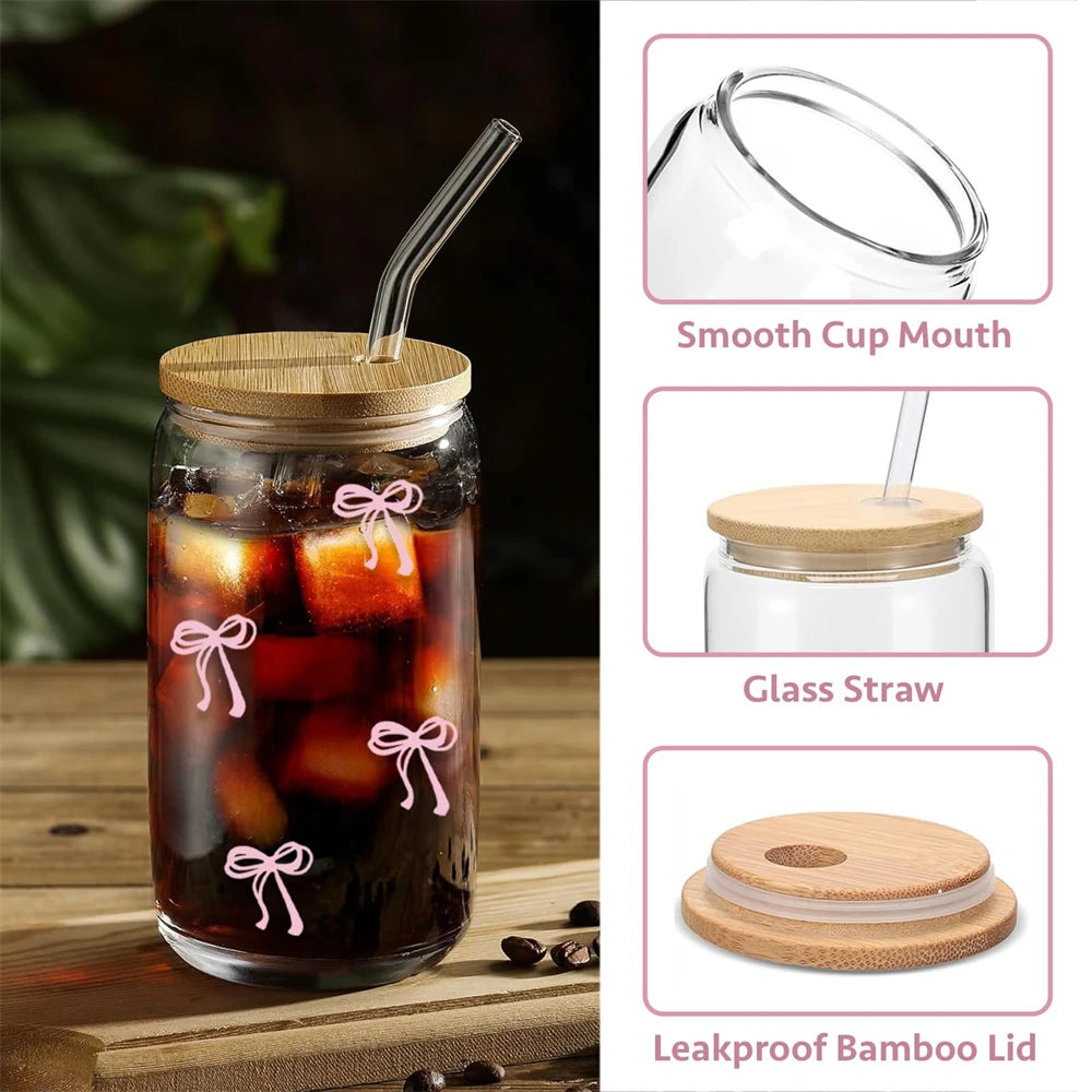 500ml Pink Bow Glass Tumbler with Lid & Straw - Cute Cup for Iced Coffee, Matcha, Smoothies & Juice