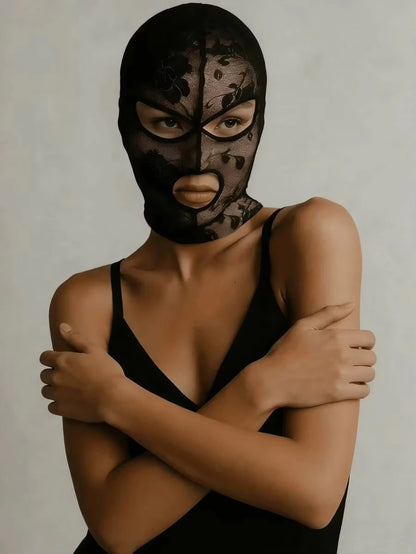 Unisex Venetian Gothic Lace Mask - Black Mesh Full Face Headpiece with Eye & Mouth Openings