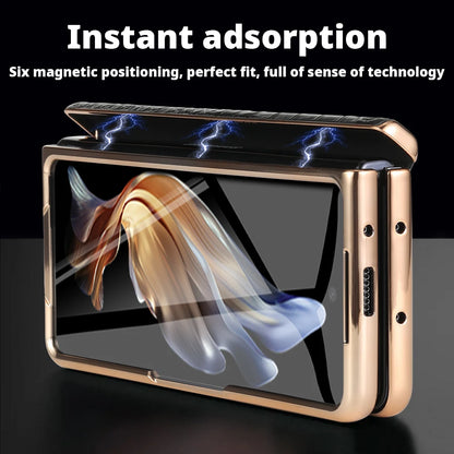 LANGSIDI Leather Case for Samsung Galaxy Z Fold 6/5/4/3 – Gold Plated Magnetic Hinge Cover with Mirror Film & Stand