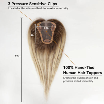 Blonde Brown Ombre Hair Topper – 100% Remy Human Hair, 12" Silk Base, 150% Density, 3-Clip Hairpiece for Women