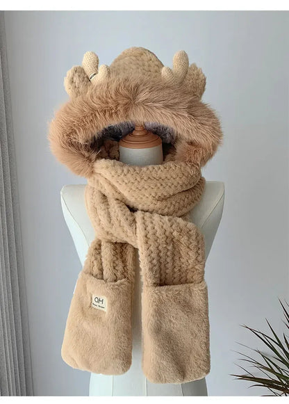 Elk Antler Plush Winter Hat - Warm Ear Protector Scarf & Gloves Set for Women