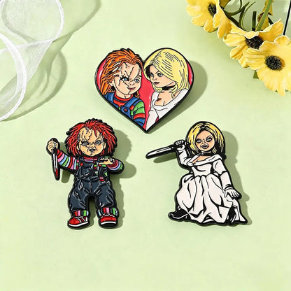 3-Piece Chucky & Tiffany Horror Enamel Pin Set - Metal Lapel Brooches for Backpacks, Cosplay Costumes & Halloween Gifts