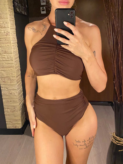 Women’s Halter High Neck Bikini Set, Wrinkled High Waist Two-Piece Swimsuit, Stylish Bathing Suit Swimwear V5616