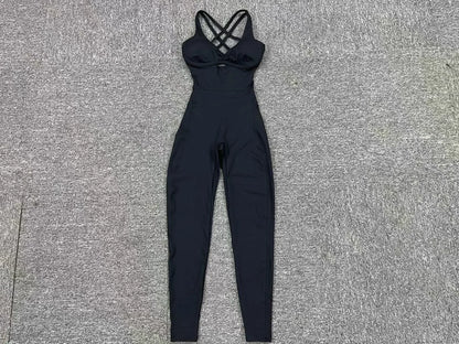 Women’s Black Sporty Jumpsuit – 2025 Workout Yoga Gym Set with Push-Up Fitness Overalls