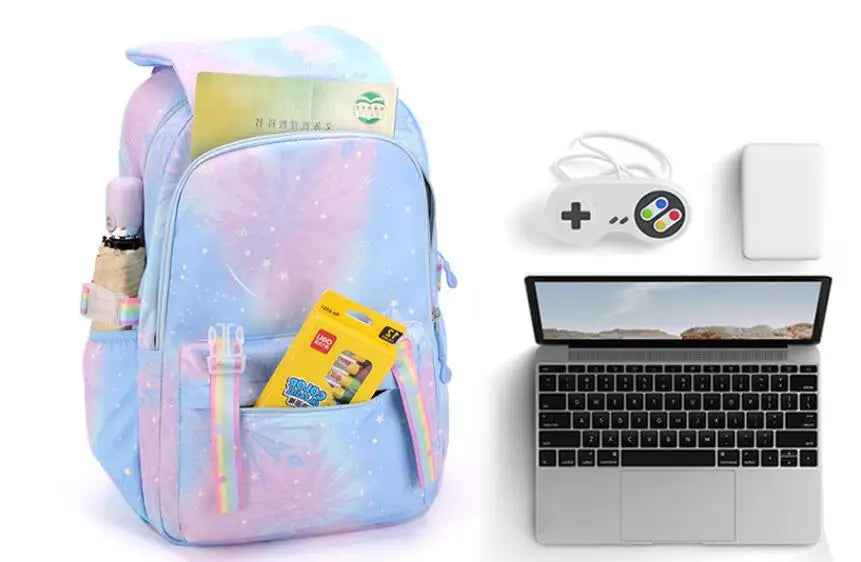 MINISO Kawaii Frozen Girls Backpack – Rainbow Schoolbag & Travel Laptop Bag for Kids & Teenagers