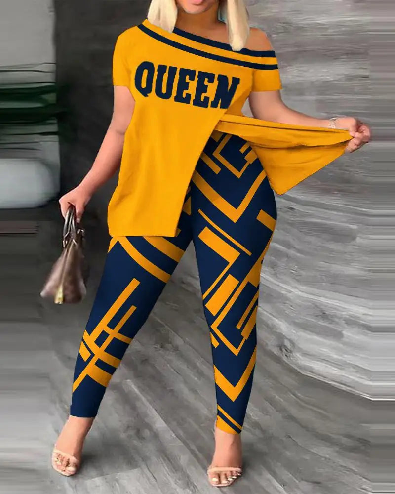Elegant Women’s Two-Piece Set – Printed Ruffle Sleeve Top & Solid Color Pants with Belt