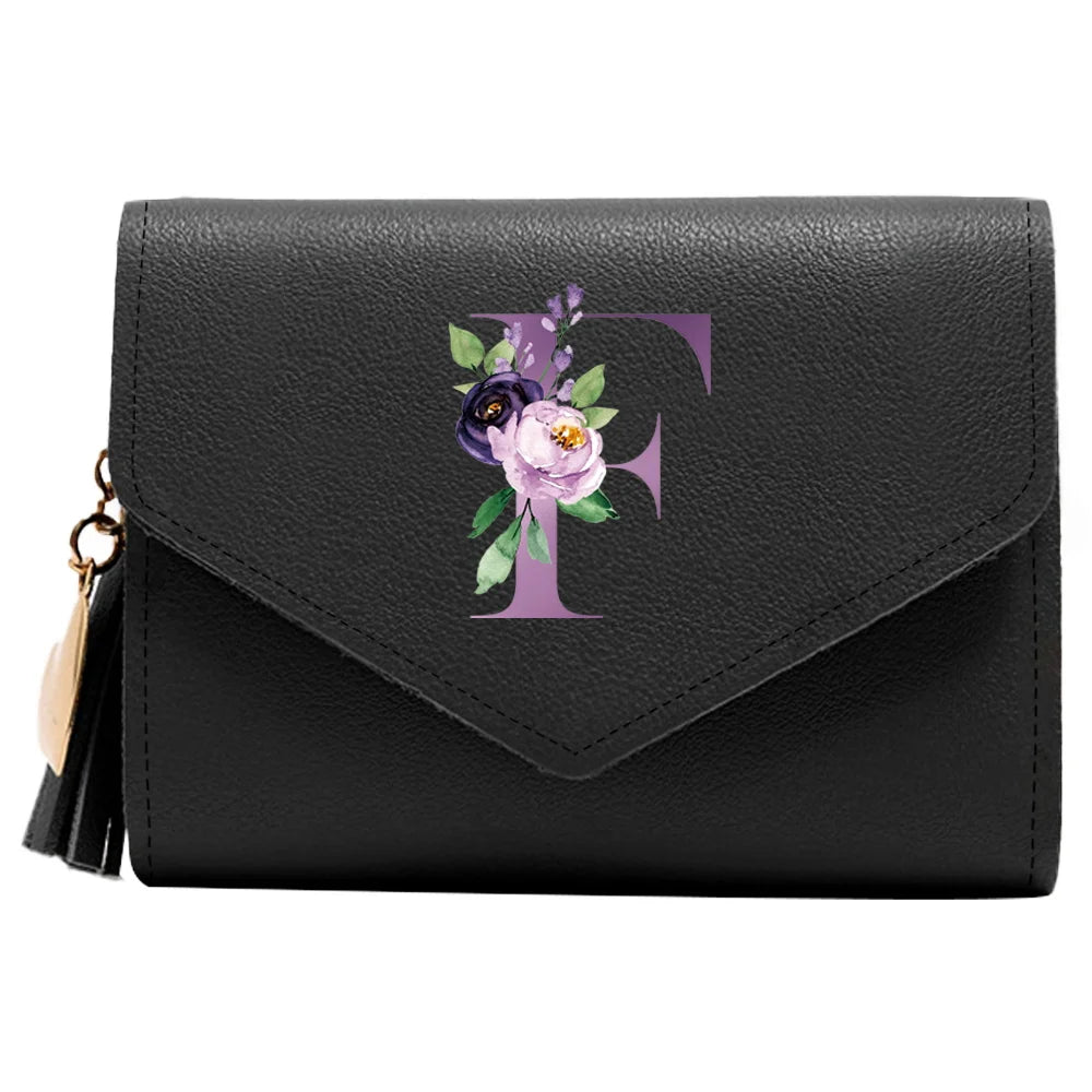 Women's RFID Leather Wallet - Compact Luxury Mini Purse With ID Window, Purple Letter Pattern & Card Holder Design