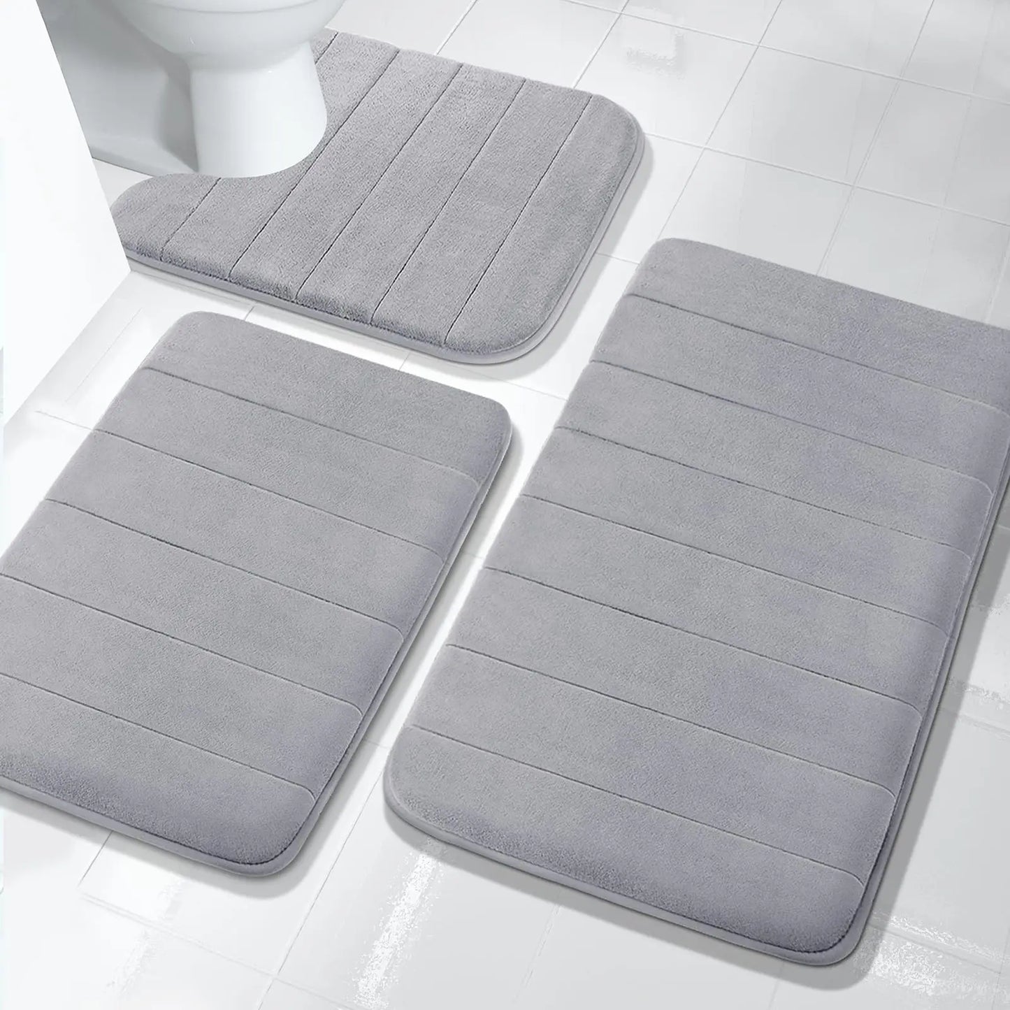 3PC Set Non-Slip Memory Foam Bath Mats - Soft, Water Absorbent, Quick-Dry, Machine Washable Floor Rugs