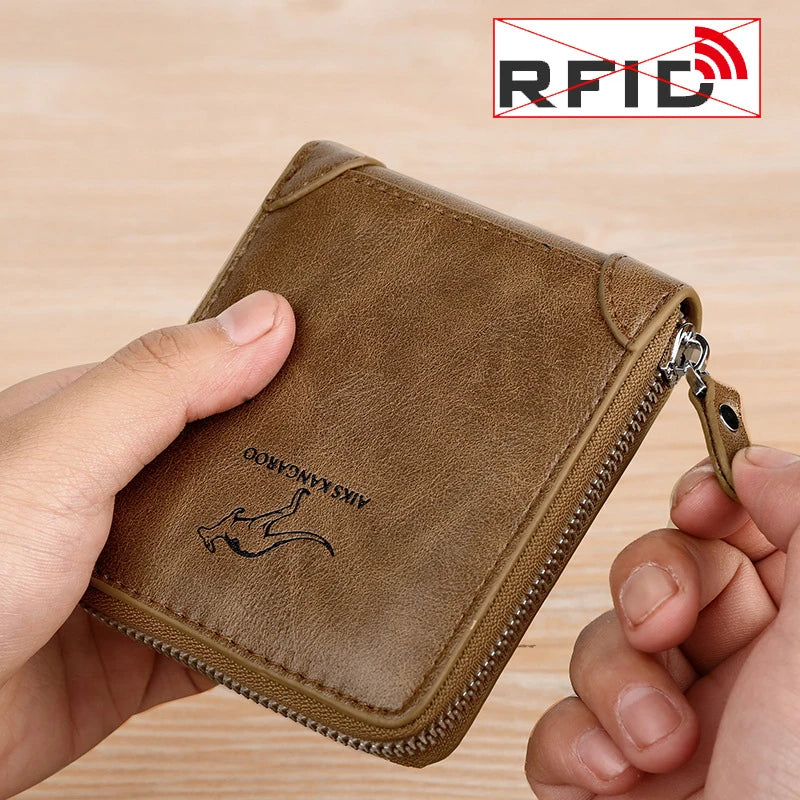 Luxury Leather Men's Wallet – RFID Zipper Card Holder with Coin Pocket, Perfect Gift for Men