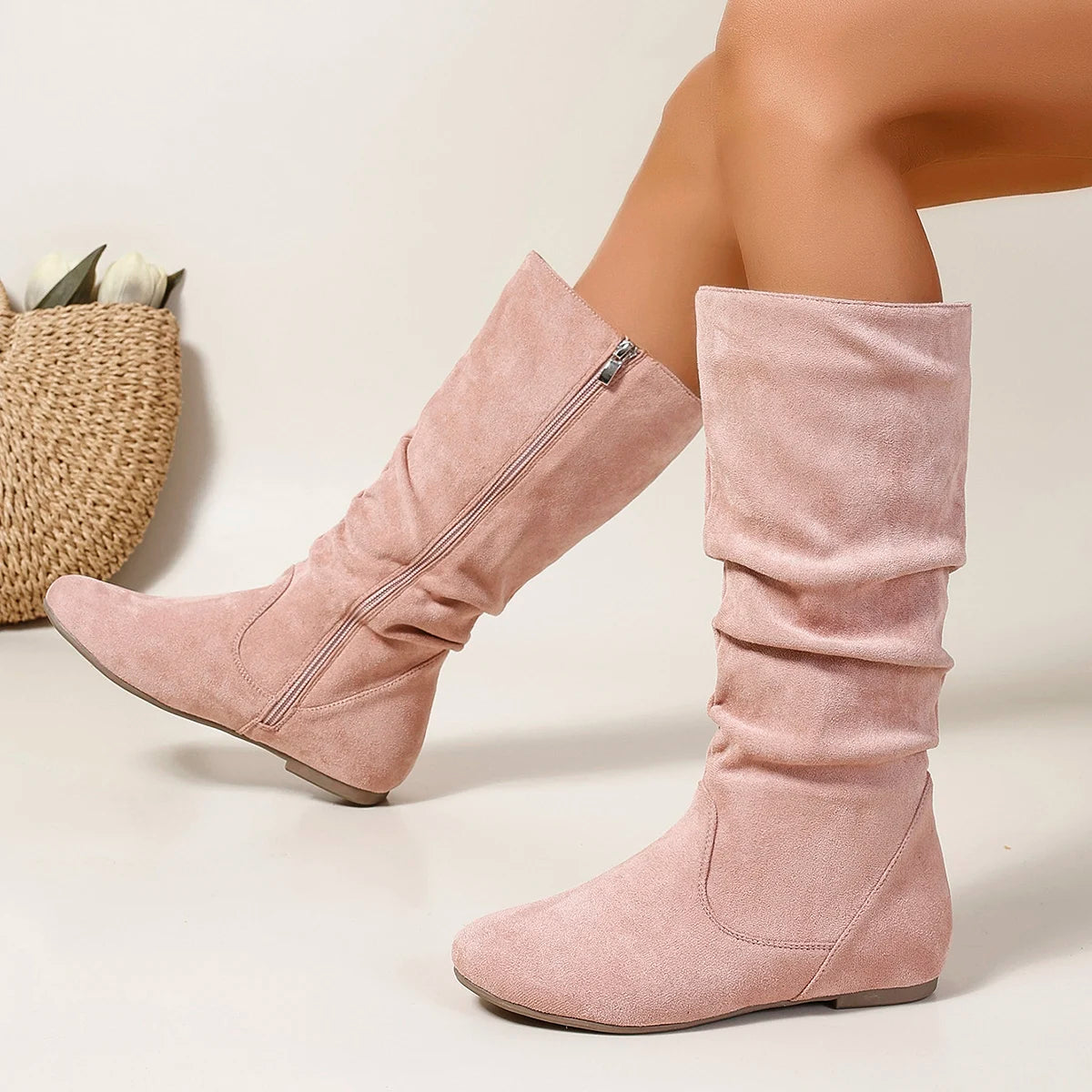 Pleated PU Women’s Fashion Boots – Casual Side-Zip Round Toe Flat High Solid Color Boots