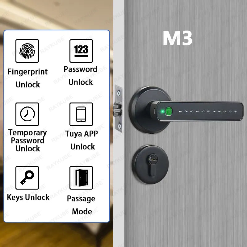RAYKUBE M3 Tuya BLE Smart Fingerprint Door Lock - Electronic Digital Lock with 60/70mm Latch, Keys, and Remote App Unlocking