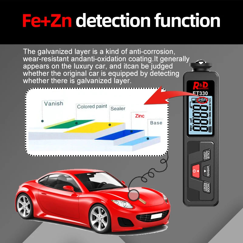 R&D ET330+Zn Car Paint Thickness Gauge - 0–1500μm Fe & NFe Coating Tester for Automotive Metal Surfaces