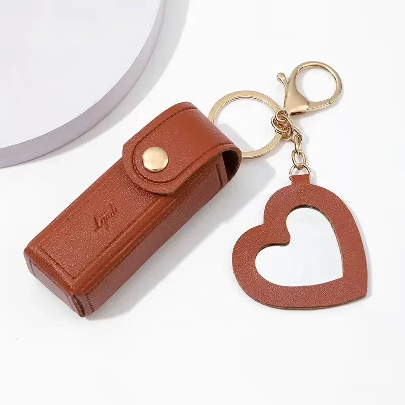 Portable Leather Lipstick Bag – Makeup Pouch with Mirror, Lip Balm Holder & Keychain Cover