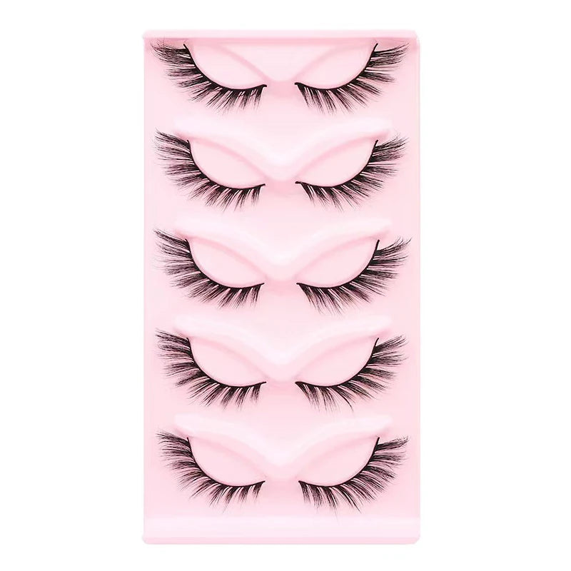 Manga Lashes 5 Pairs – Anime Cosplay Faux Mink Short Full Strip Lashes, Korean Natural Look, Clear Band Soft Eyelash Extensions