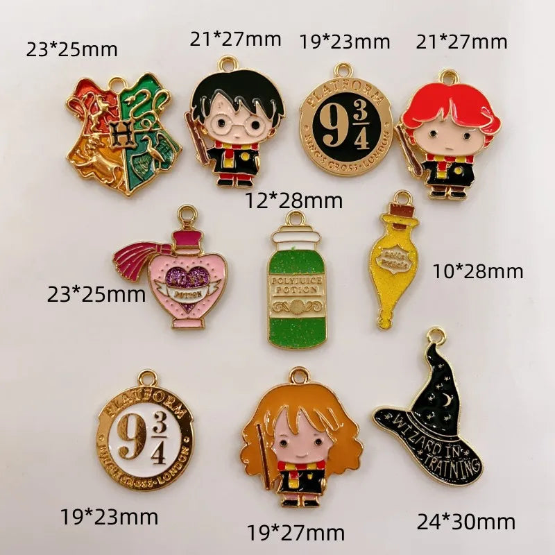 10-Piece Alloy Magic School Charms - Cartoon Pendant Accessories for DIY Keychains, Earrings, and Jewelry Making