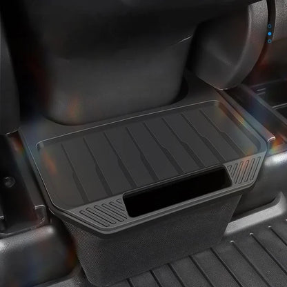 Rear Seat Storage Box for Tesla Model Y: Organizer Center Console Bins, Backseat Trash Can, Garbage Bag - Under Seat Tray Accessories