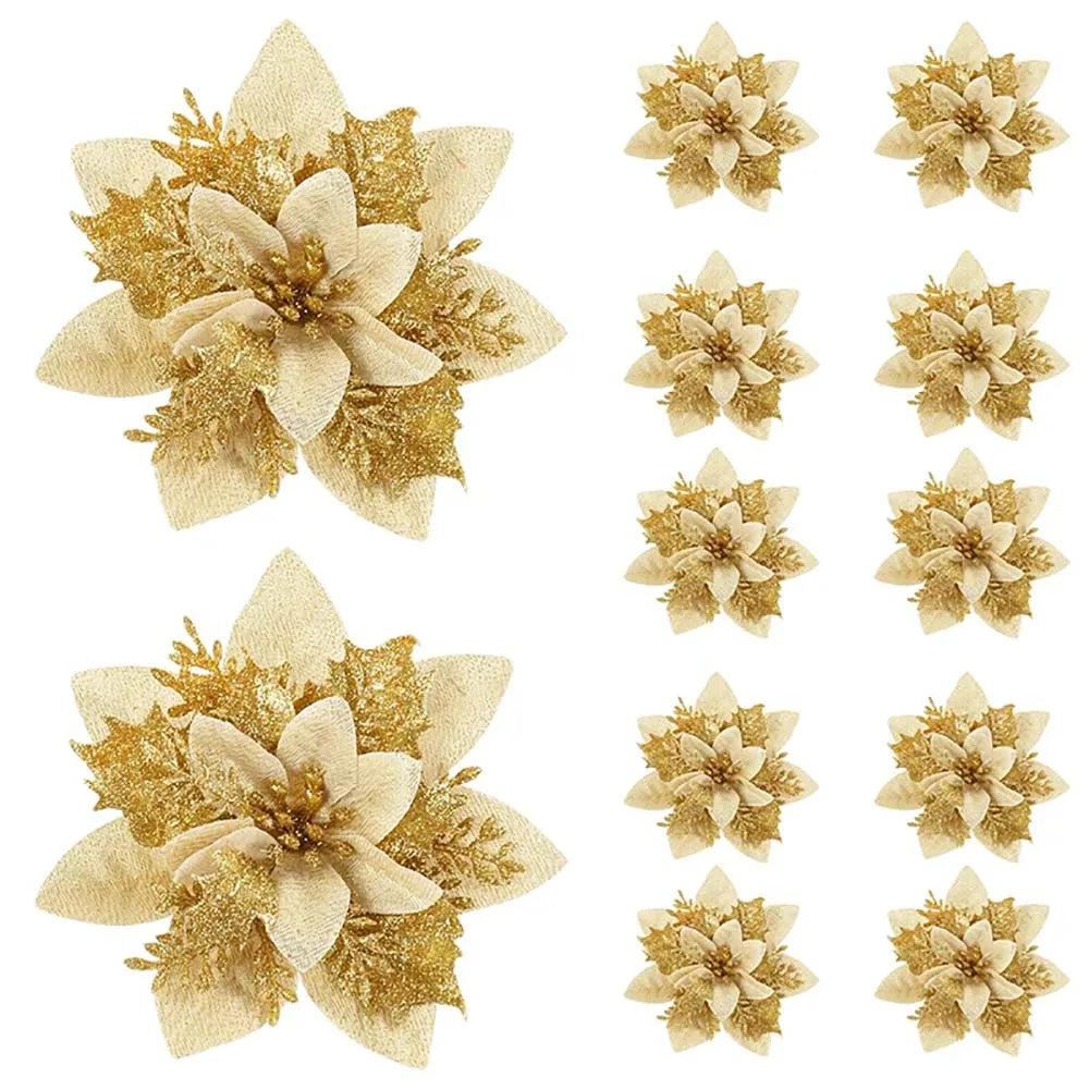Glitter Artificial Christmas Flowers – 14.5cm Pink, Red & Gold Tree Ornaments for Holiday Home Decor