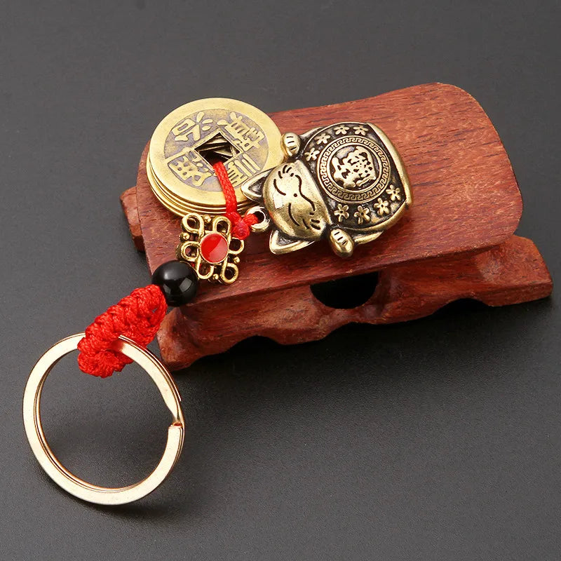 Vintage Lucky Cat Keychain - Handmade Feng Shui Five Emperors Coins Car Key Ring