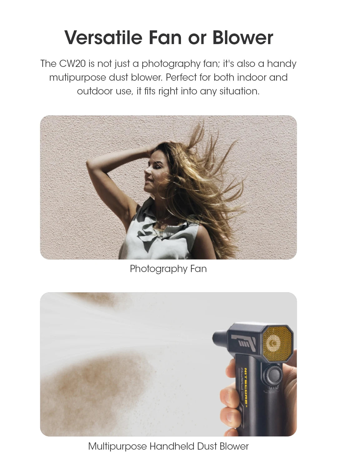 NITECORE CW20 Multipurpose Pocket Fan - Portable Stepless Wind Blower for Photography, Canon, Sony, Short Video & Camping
