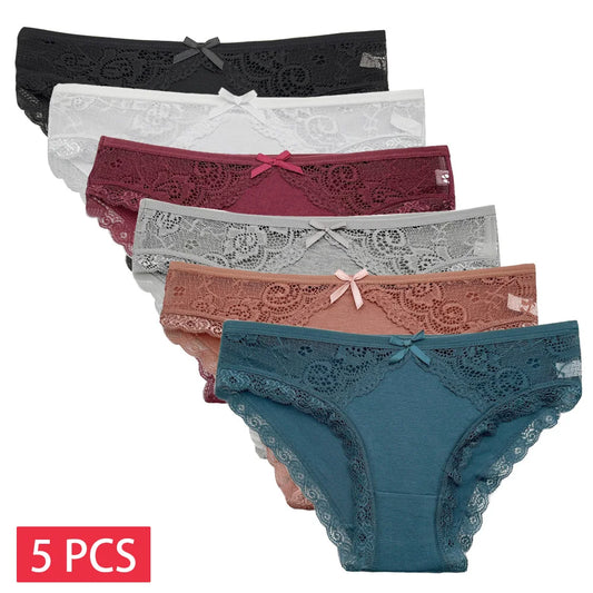 5-Pack Women’s Low Rise Lace Panties — Sexy Cotton Lingerie Briefs