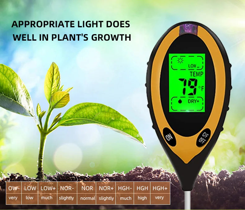 4 in 1 Soil Instrument - Illuminance, pH, Temperature & Humidity Test Detector with Digital Display and Backlight