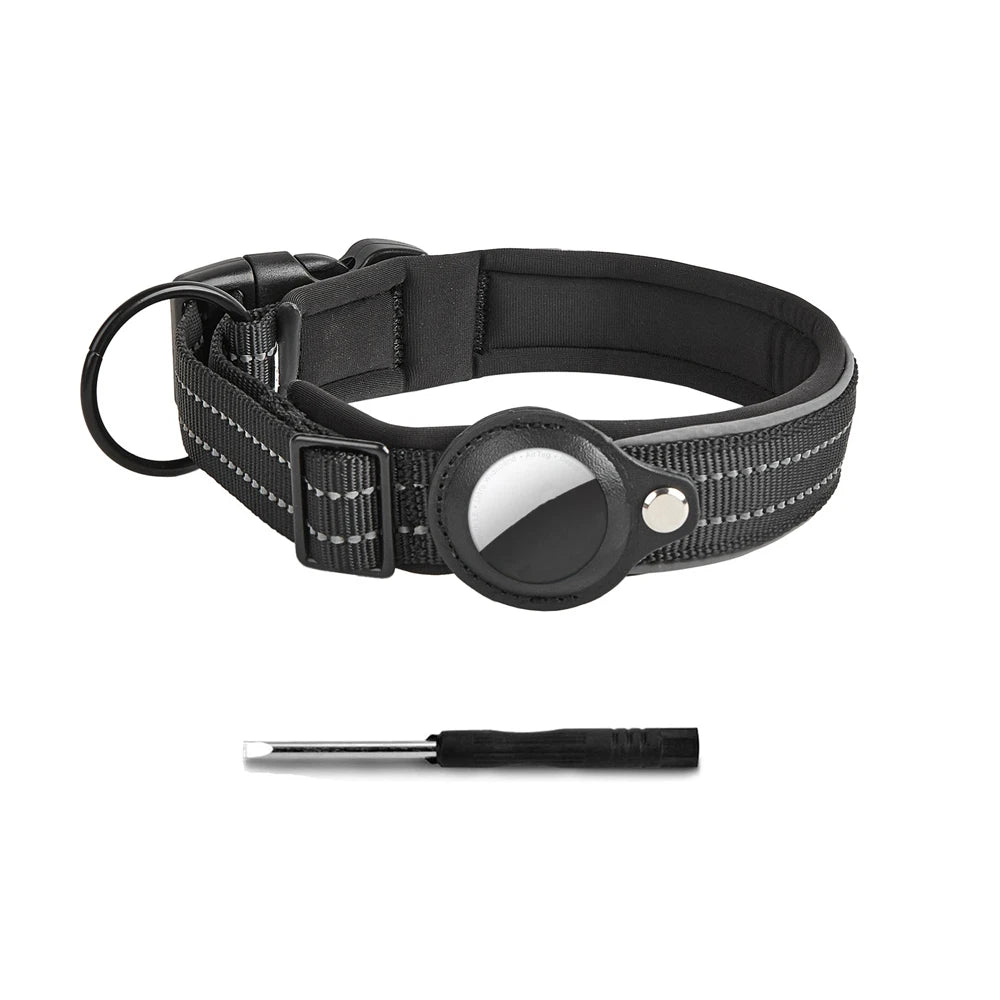 Reflective Heavy-Duty Dog Collar with Adjustable AirTag Holder — For Small, Medium & Large Dogs